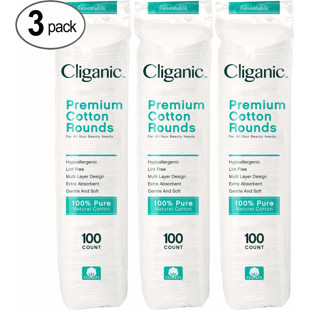 Cliganic Premium Cotton Rounds For Face (300 Count) | Makeup Remover Pads, Hypoallergenic, Lint-Free | 100% Pure Cotton
