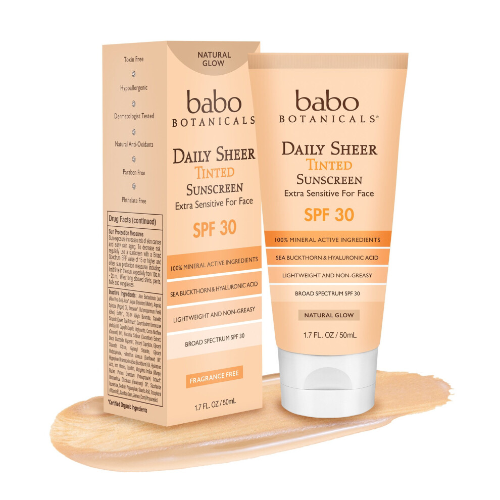 Babo Botanicals Daily Sheer Moisturizing Mineral Tinted Sunscreen SPF 30, Natural Glow with Organic Ingredients, Fragrance-Free - 1.7 oz.