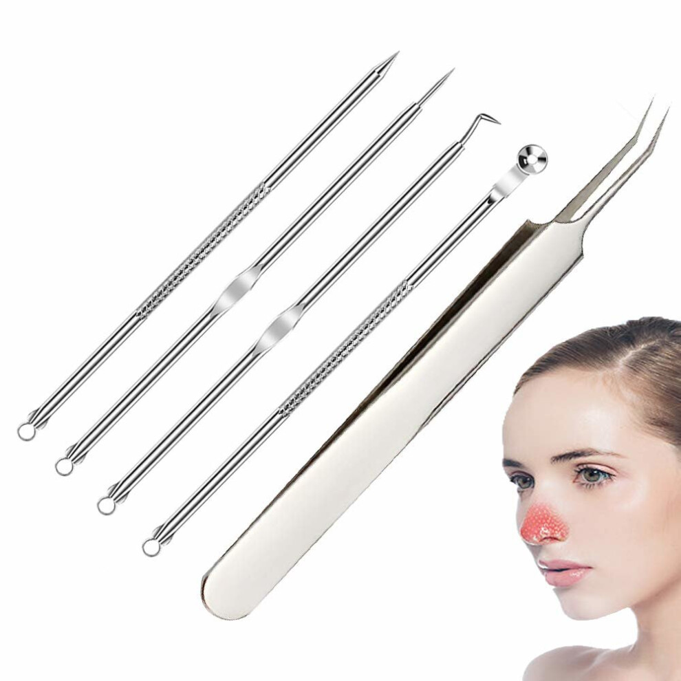 5PCS Blackhead Remover, Pimple Comedone Extractor, Whitehead Removal Tool, Acne Blemish Tools Set, Professional Blackheads Tweezers Kits