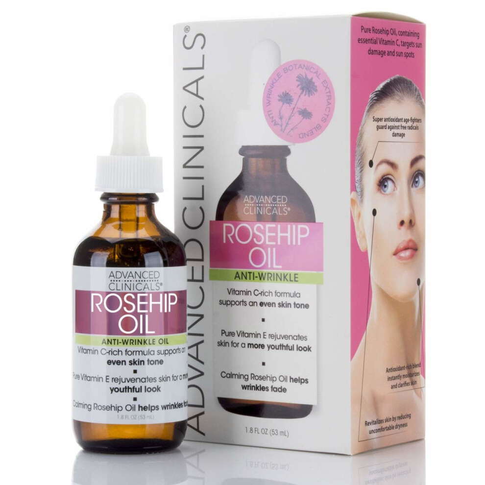 Advanced Clinicals Rosehip Oil Anti-wrinkle Face Oil with Vitamin C and Vitamin E for Sun Damage, Age Spots and Wrinkles (1.8oz)