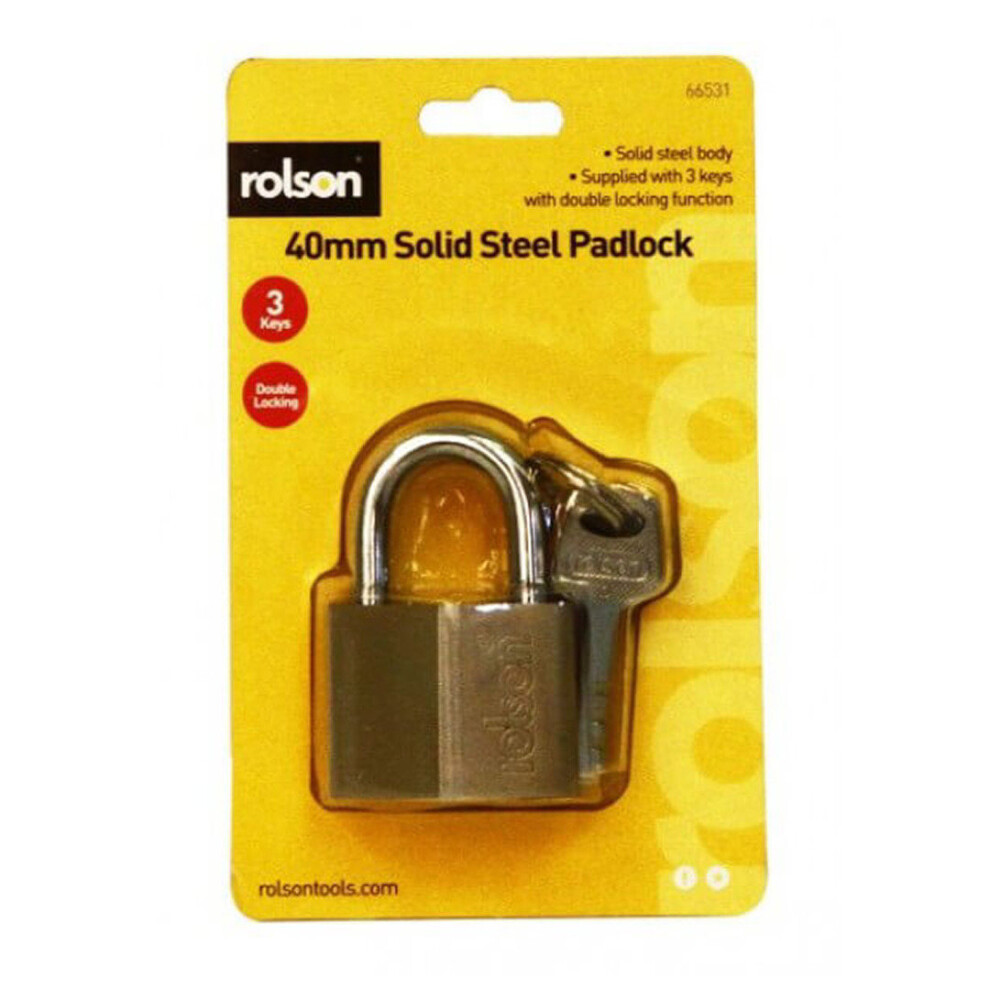 40mm Weatherproof Heavy Duty Solid Steel Padlock Key Shed Door Rolson 66531