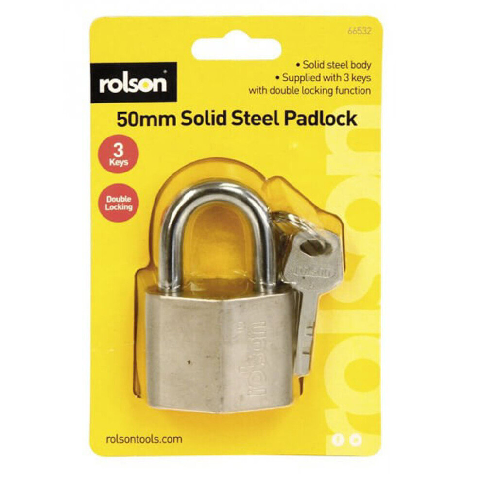 50mm Weatherproof Heavy Duty Solid Steel Padlock Key Shed Door Rolson 66532