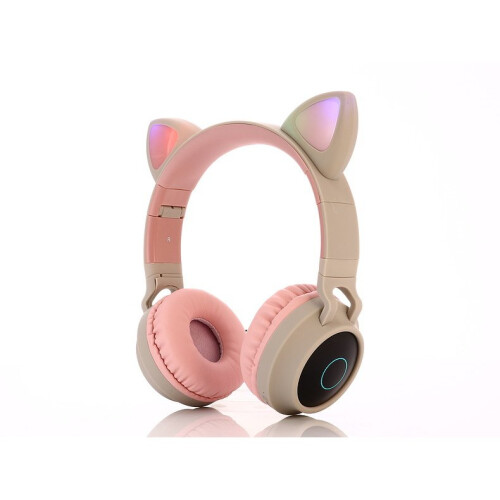 (Pink-grey Cat Ear with Microphone) Bluetooth Headphones,LED Light Wireless Foldable