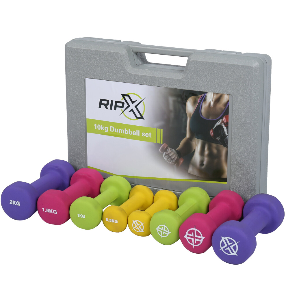 Rip X Dumbbell Weights Set Kit Aerobics Gym Class Workout Ladies Yoga Pilates 10Kg Purple/Pink/Green