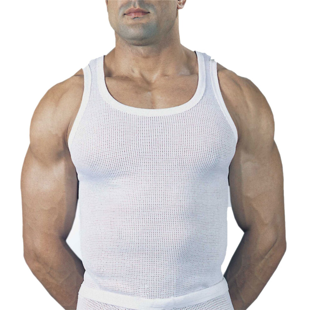 (M, WHITE) Mens Classic 100% Cotton Eyelet Mesh VEST singlet Underwear 3 vest pk