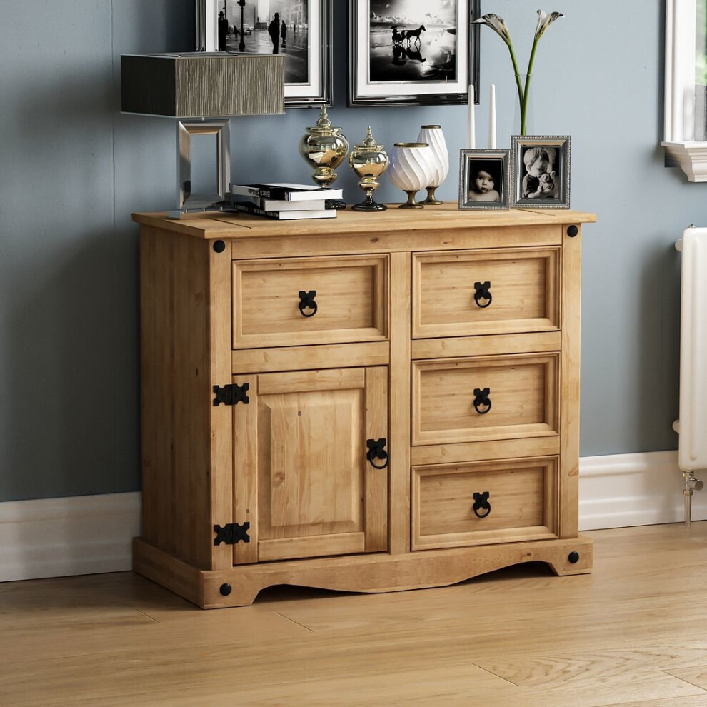 Home Discount Corona 1 Door 4 Drawer Sideboard Cabinet Pine Wood Brown