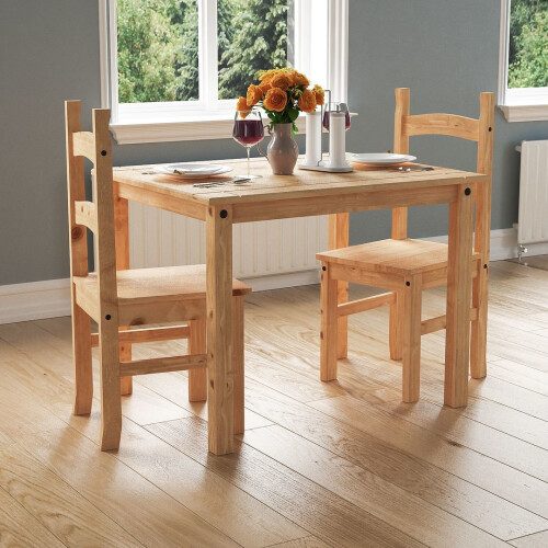 Corona 2-Seater Dining Set: Pine Wood Table + 2 Chairs, Distressed Waxed Pine with Black Detailing - Space-Saving Rustic Style (Code 333440)