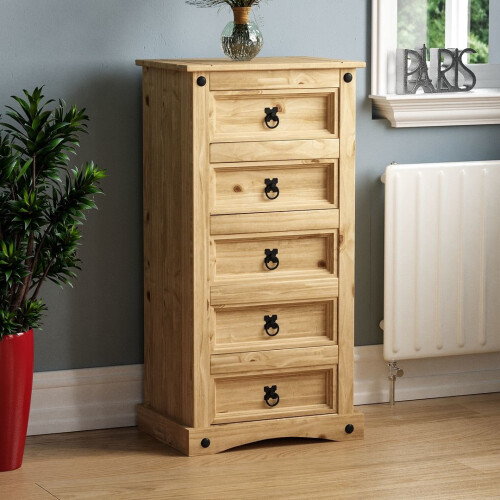 Corona 5 Drawer Chest Narrow Tall Storage Pine Wood