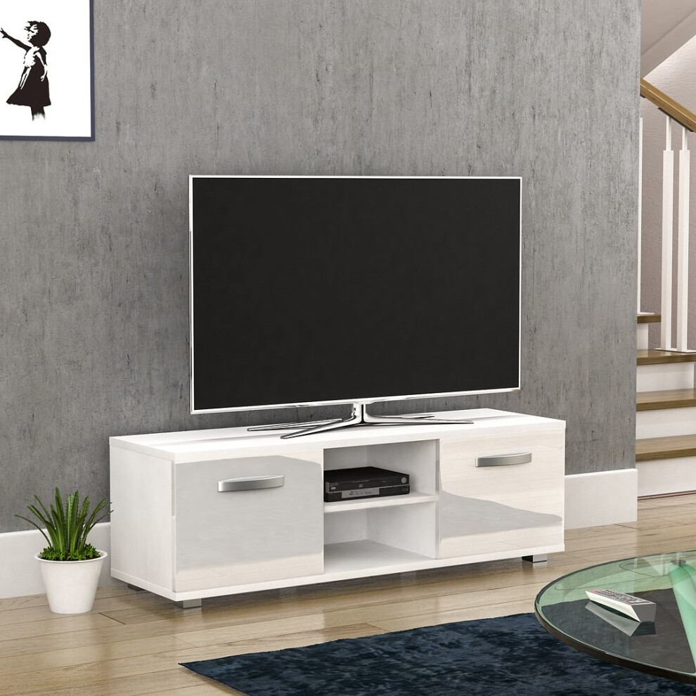 (White) Cosmo 2 Door TV Stand Shelf Cabinet Display 120cm