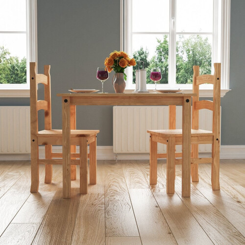 Home Discount Corona 2-Seater Dining Set: Pine Wood Table + 2 Chairs, Distressed Waxed Pine with Black Detailing - Space-Saving Rustic Style (Code 333440) 1