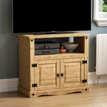 Corona Solid Pine TV Unit - 2 Doors, 1 Shelf, Distressed Wax Finish, Rustic Media Cabinet 70x77x40 cm - 333436