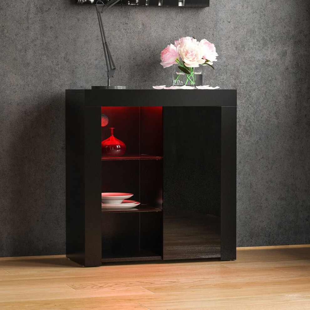 (Black) Azura 1 Door LED Sideboard Shelf Storage Cabinet