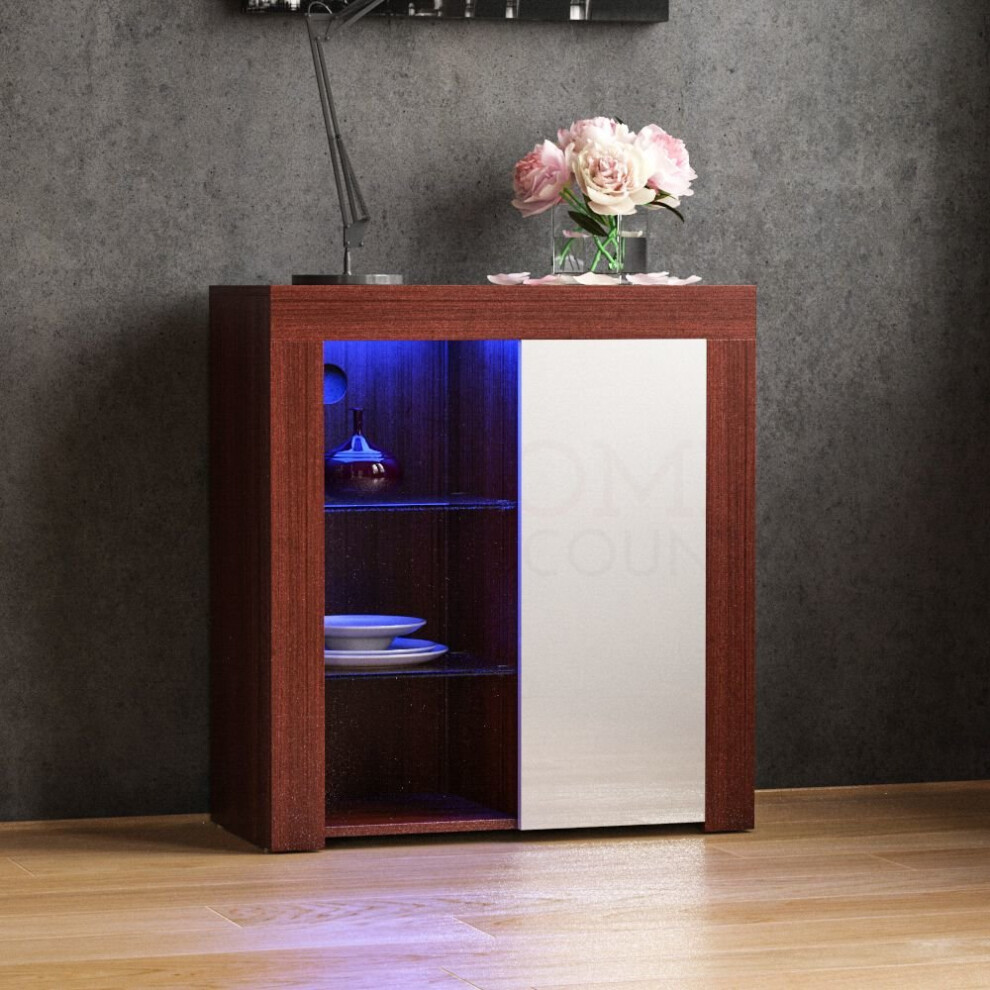 (Walnut & White) Azura 1 Door LED Sideboard Shelf Storage Cabinet