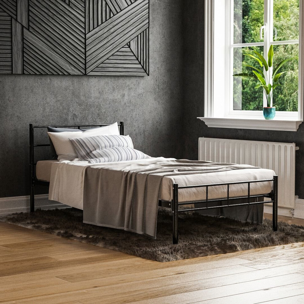 (Single, Black) Dorset Metal Bed Frame Modern Headoard Bedroom