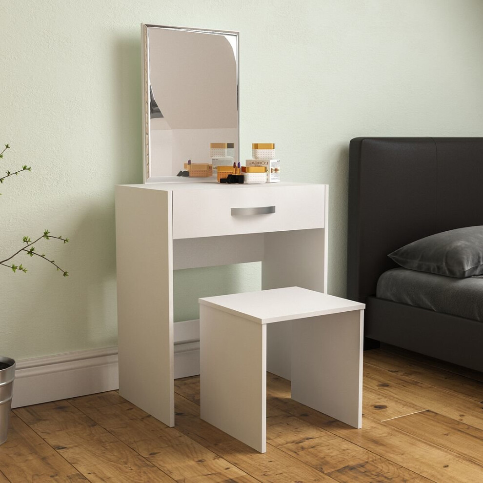 (White) Isla 1 Drawer Dressing Table Stool Mirror Set Makeup