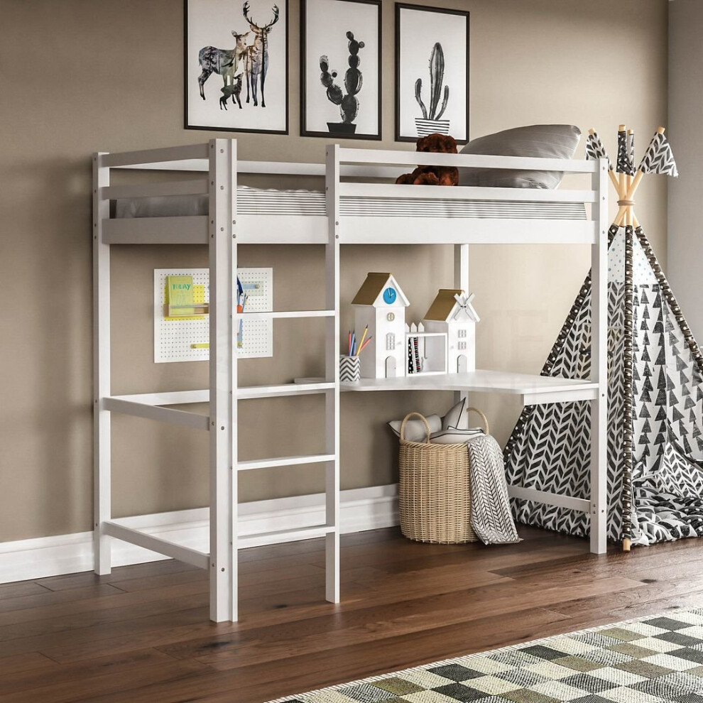 (White) Sydney Bunk Bed 3ft Single With Corner Desk Pine