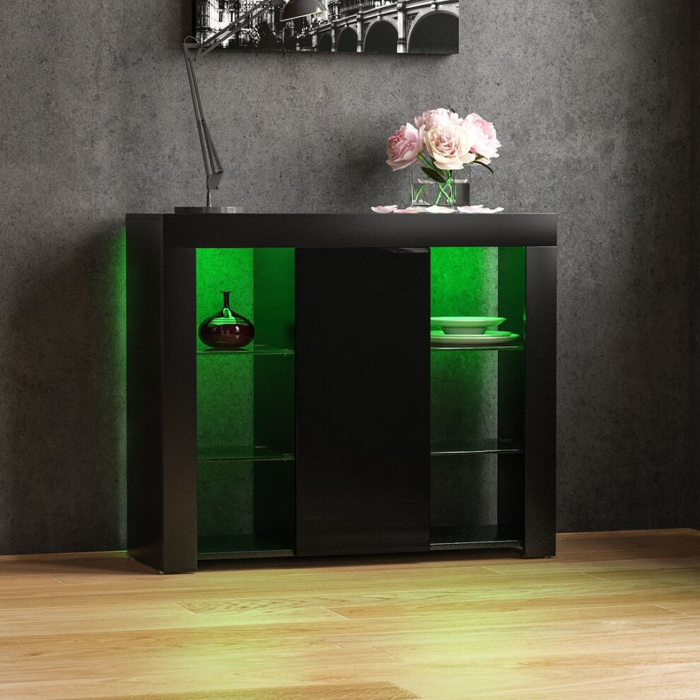 (Black) Azura 1 Door LED Sideboard Shelves Storage Cabinet