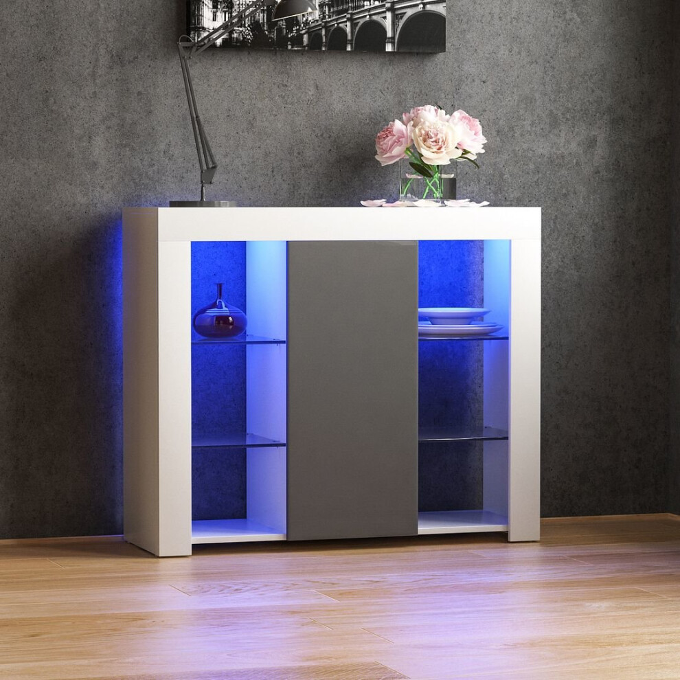 (White & Grey) Azura 1 Door LED Sideboard Shelves Storage Cabinet