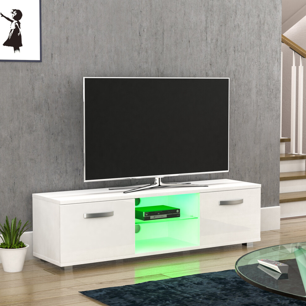 (White) Cosmo 2 Door LED TV Cabinet Stand Unit Shelf 140cm