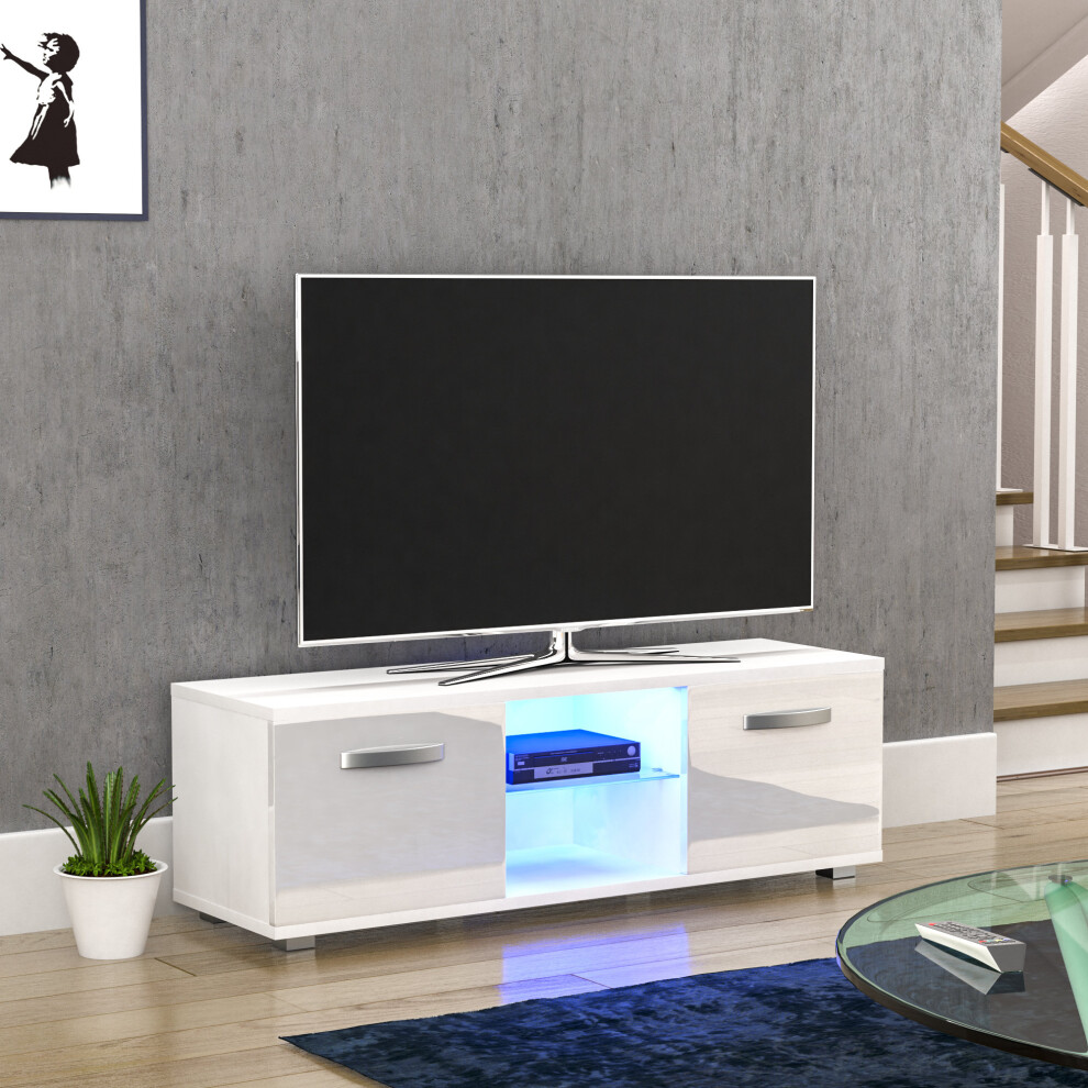 (White) Cosmo 2 Door LED TV Cabinet Stand Unit Shelf 120cm