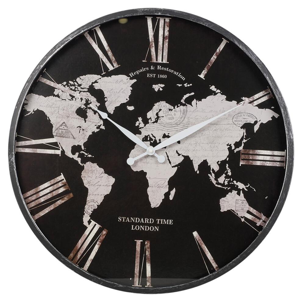 Large Black Wall Clock Metal World Map Roman Numerals Vintage Design