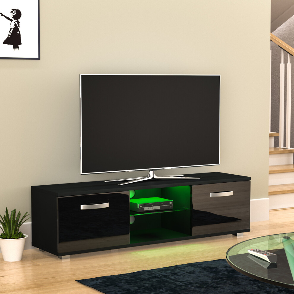 (Black) Cosmo 2 Door LED TV Cabinet Stand Unit Shelf 140cm