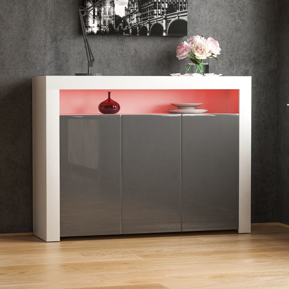 (White & Grey) Nova 3 Door LED Sideboard Wide Shelf Gloss Cabinet