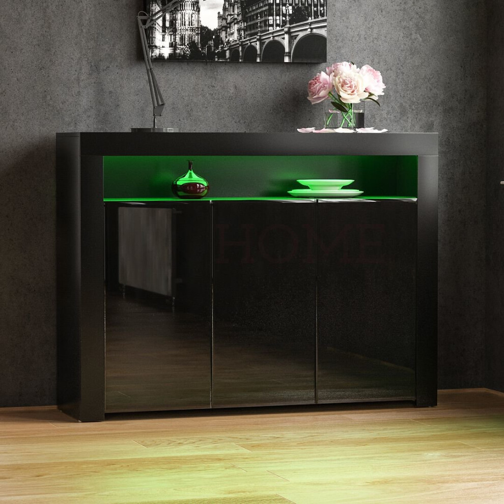 (Black) Nova 3 Door LED Sideboard Wide Shelf Gloss Cabinet