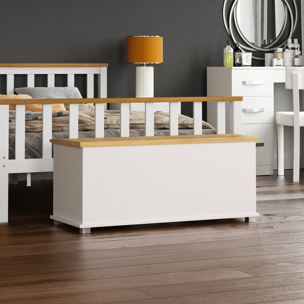 (White) Arlington Storage Ottoman Wood Blanket Toy Box Oak