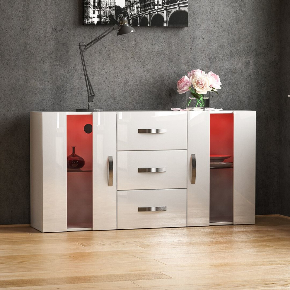 (White) Astro 2 Door 3 Drawer LED Sideboard Large Cabinet