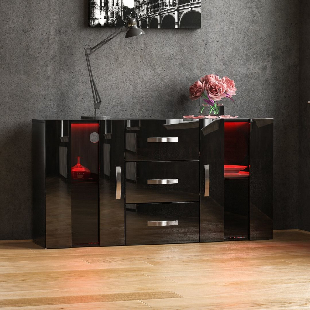 (Black) Astro 2 Door 3 Drawer LED Sideboard Large Cabinet