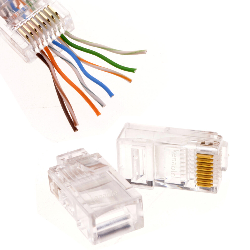 kenable RJ45 Cat 5e Cat 6 PASS THROUGH Ethernet Network Cables Plugs 100 Pack