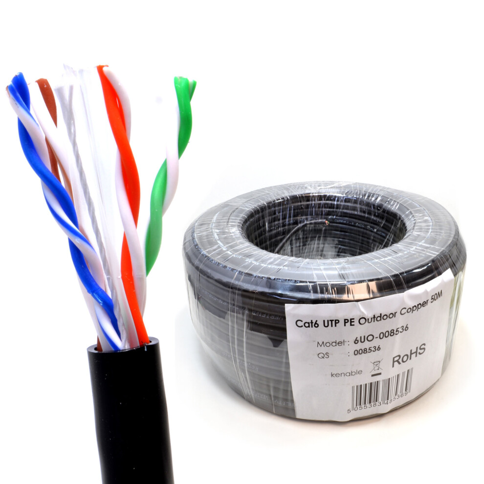 kenable External CAT6 Outdoor Use COPPER Ethernet Network Cable Reel UTP  50m Black