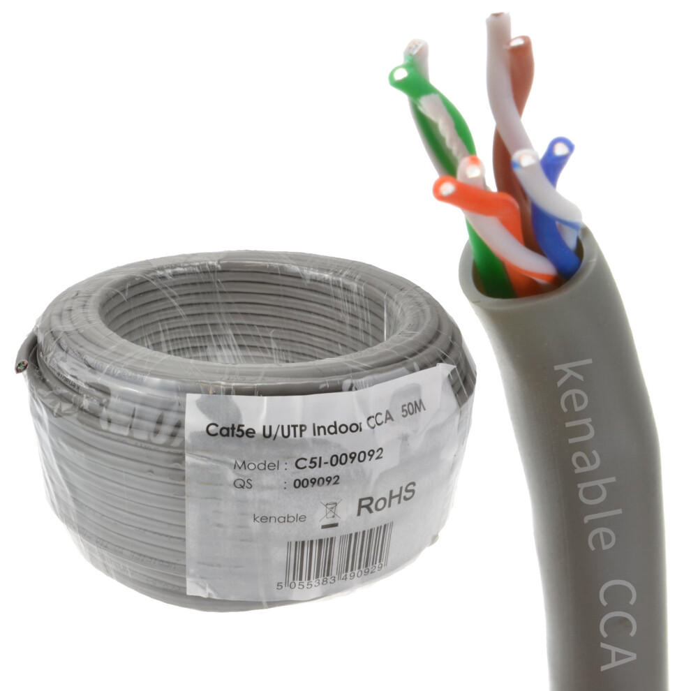 kenable Ethernet UTP CCA Cable Roll Network LAN Solid UTP CAT5e CCA Grey  50m