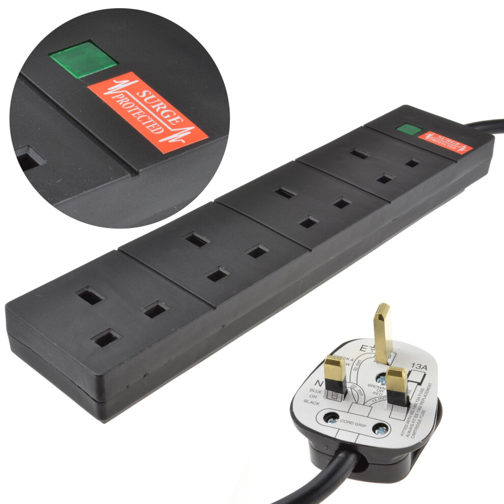 kenable Surge Protected 4 Gang Way Mains Extension Socket UK 13A Black 10m