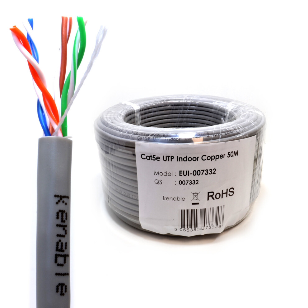 Kenable Indoor Cat5e U/Utp Copper Ethernet Network Solid Cable Reel 24Awg Eca 50M Grey