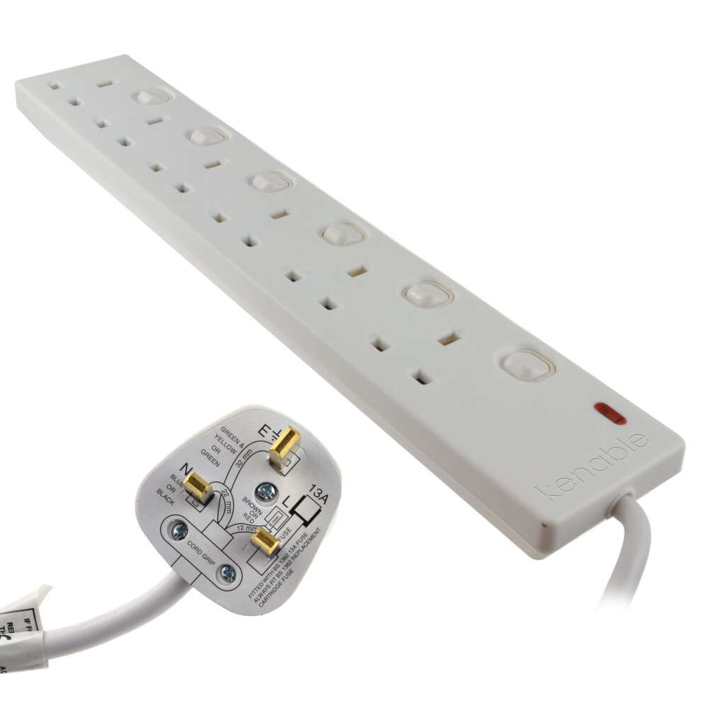 kenable Individually Switched 6 Way Gang UK Mains Extension Lead White 10m
