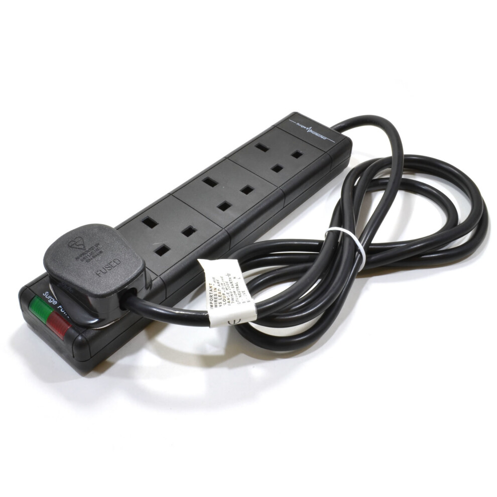 Kenable Surge Protected 4 Gang Way Mains Extension With Neon Lights 2M Black