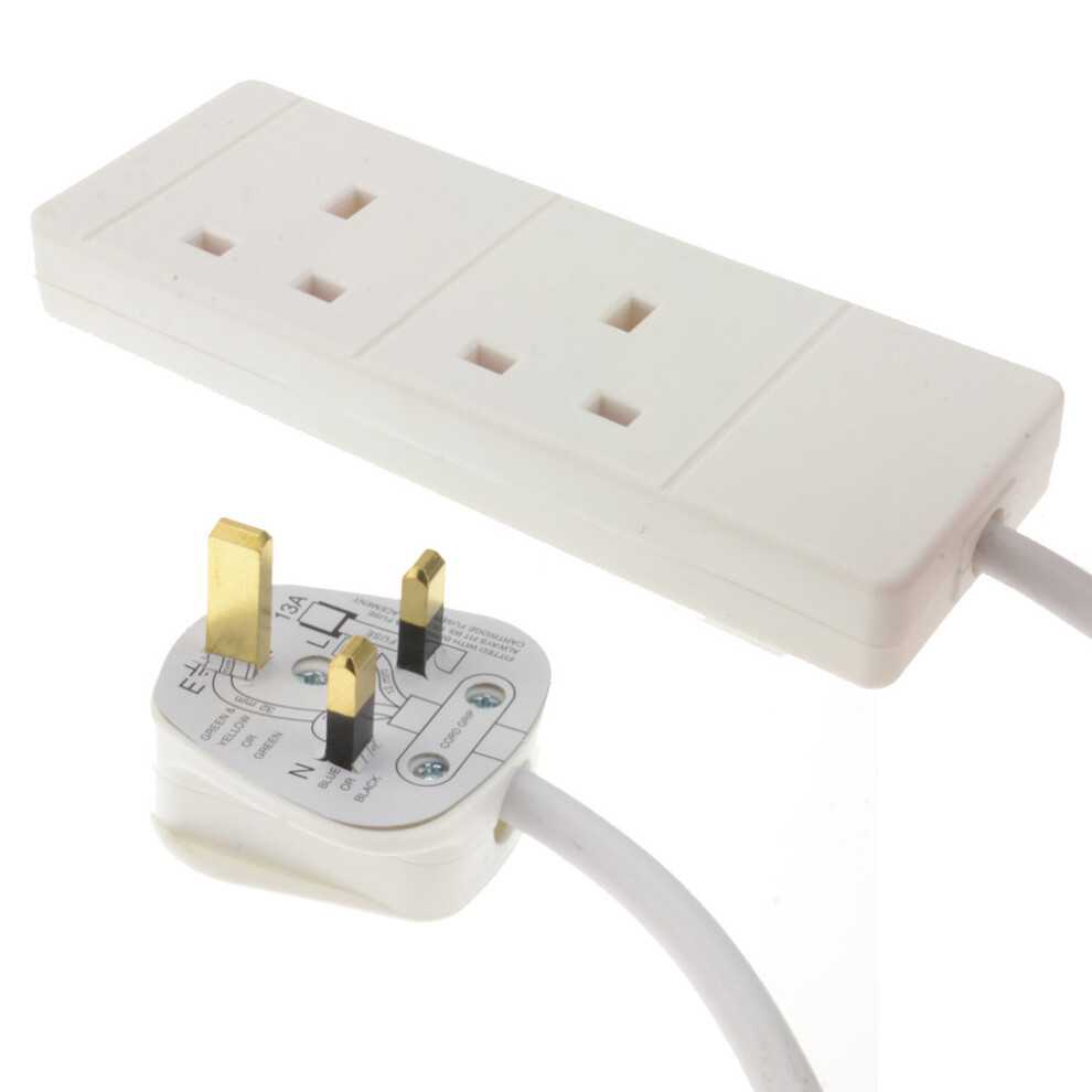 kenable 2 Gang Way UK 13A Trailing Socket Mains Power Extension Lead White 10m