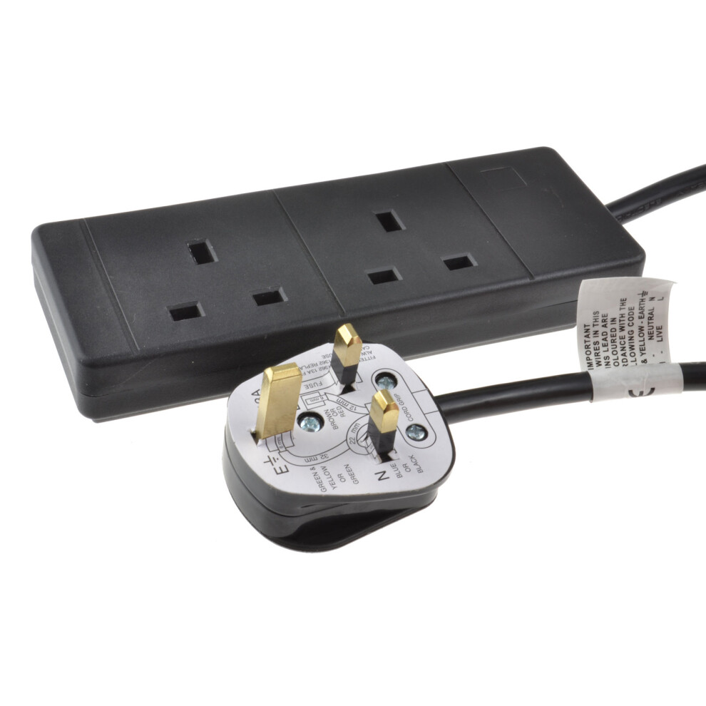 Kenable 2 Gang Way Uk 13A Trailing Socket Mains Power Extension Lead Black 15M 5055383496358