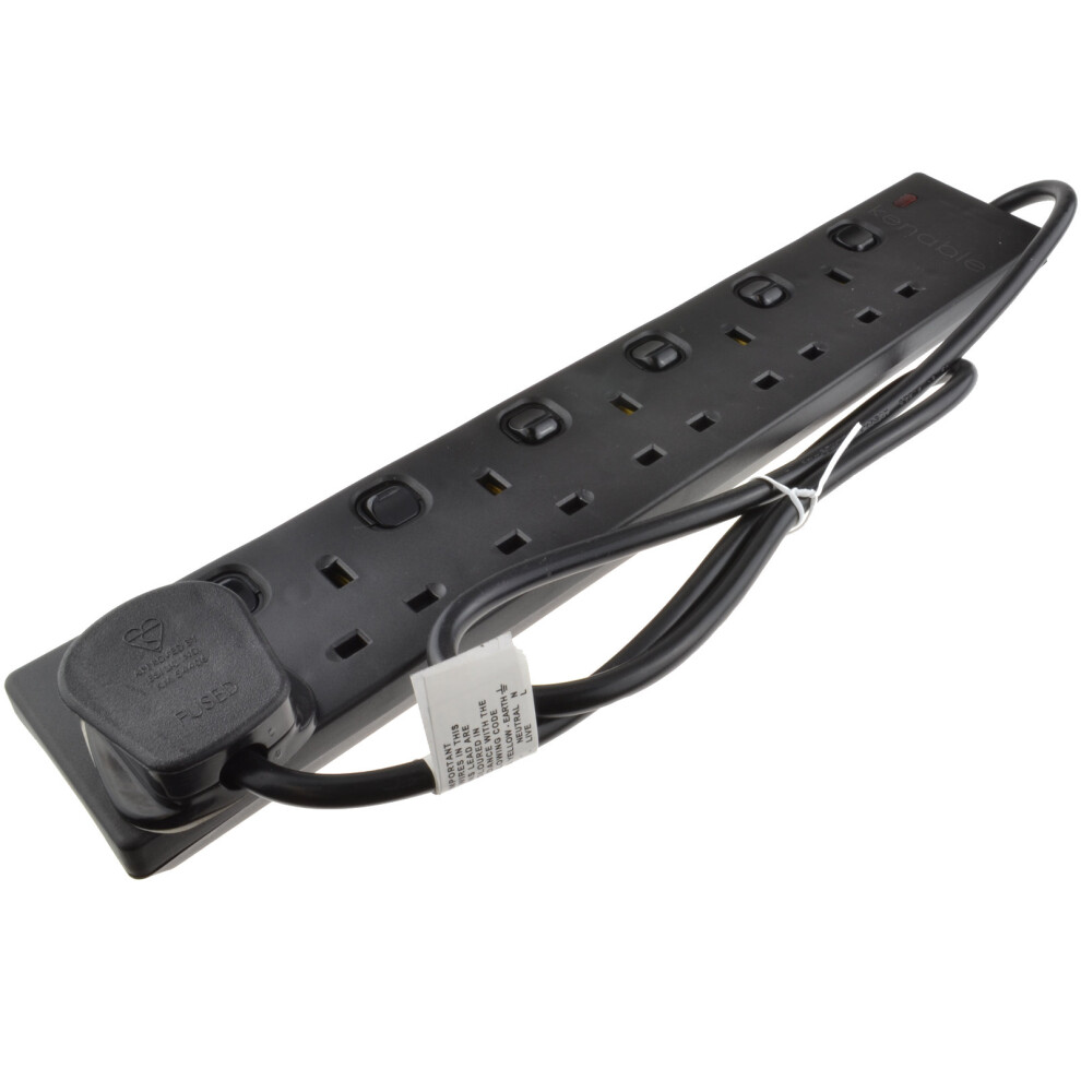 Kenable Individually Switched 6 Way Gang Uk Mains Extension Lead 1M Black