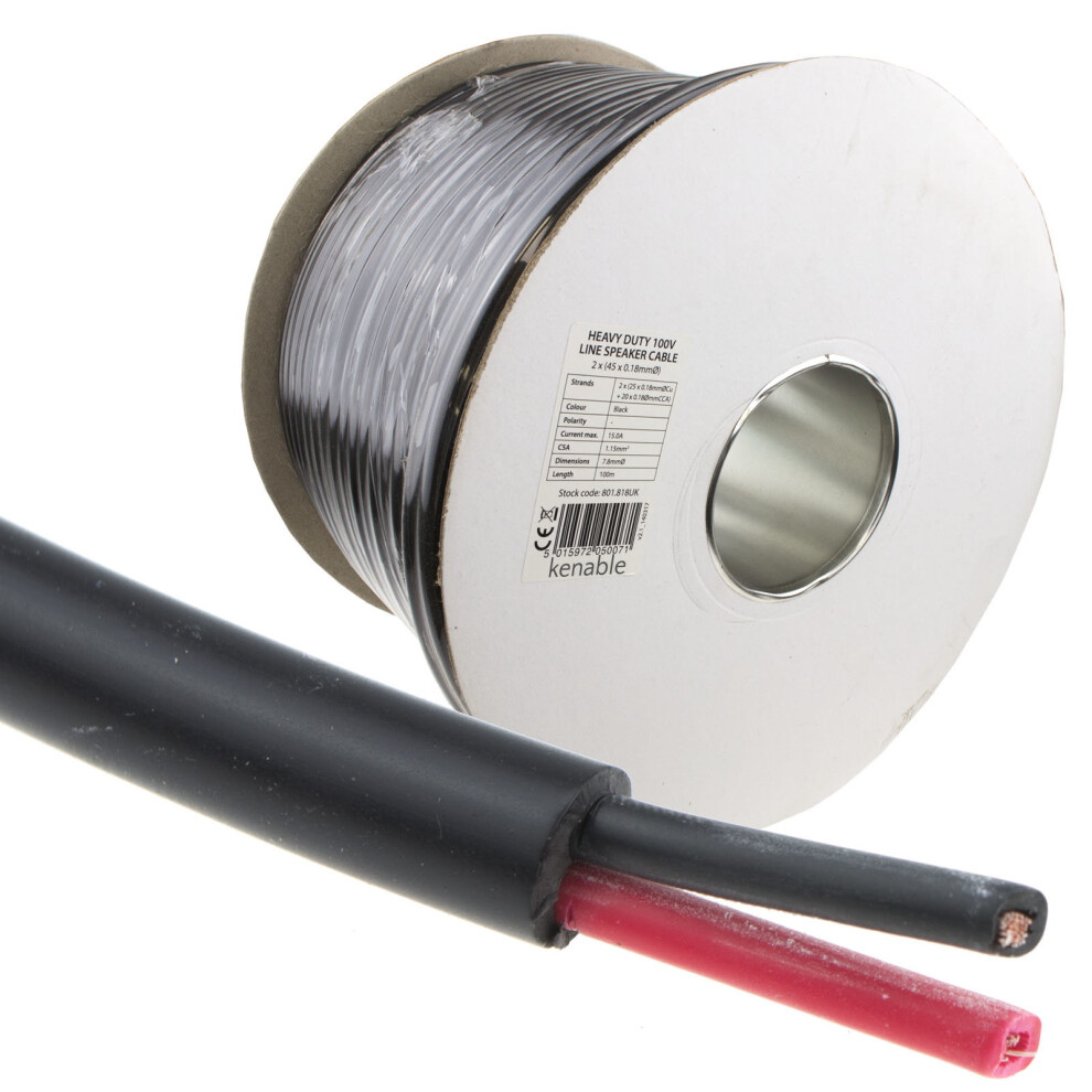 Kenable 100V Heavy Duty Twin Core Speaker Cable 2X45x0.18mm 15A 100M Black