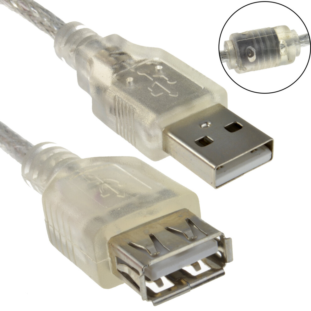 kenable CLEAR USB 2.0 Extension Cable A to A Female Lead 24AWG Ferrite 2m
