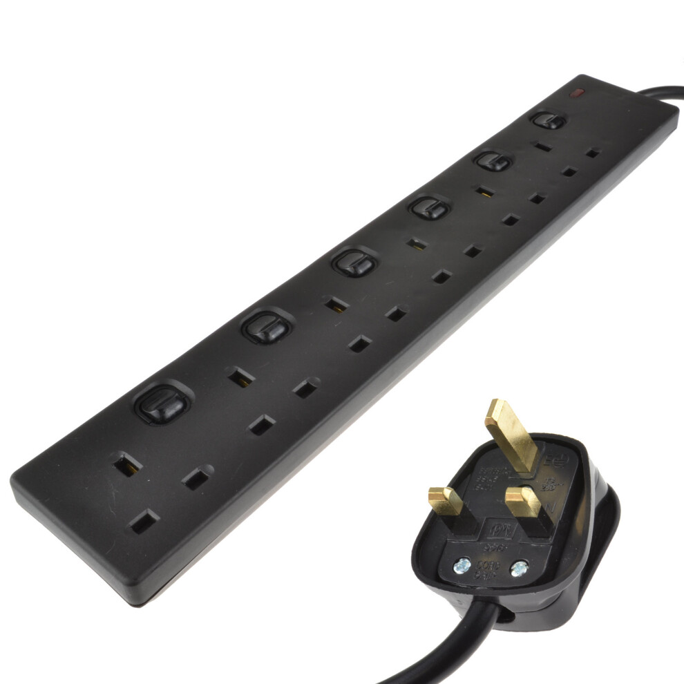 kenable Individually Switched 6 Way Gang UK Mains Extension Lead Black 10m