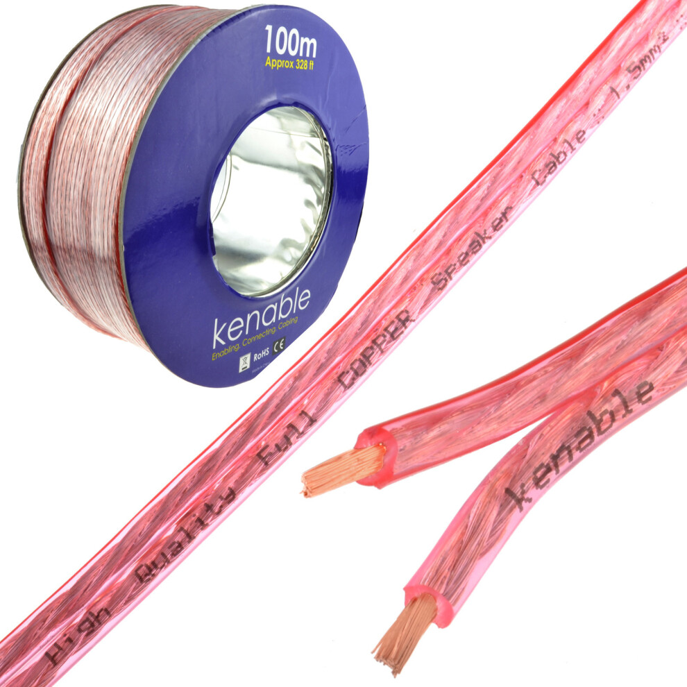 kenable Speaker Cable 16AWG 1.5mm2 Pure OFC Copper Wire Clear 100m