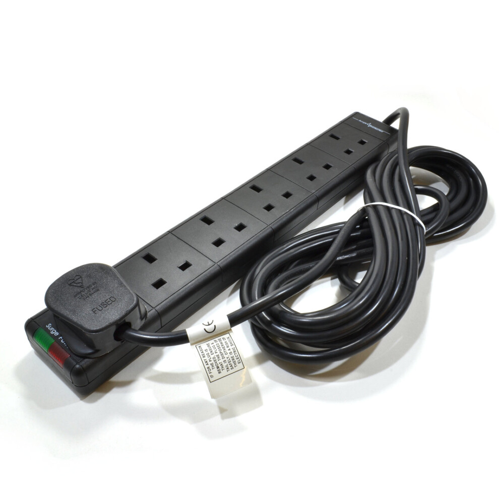 kenable Surge Protected 6 Gang Way Mains Extension with Neon Lights Black  5m