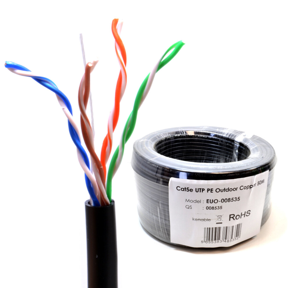 kenable External CAT5e Outdoor Use COPPER Ethernet Network Cable Reel UTP  50m Black