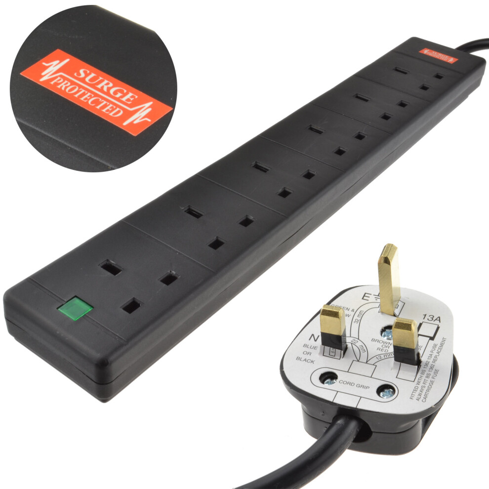 Kenable Surge Protected 6 Gang Way Mains Extension Socket Uk 13A 1M Black
