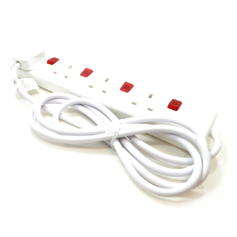 kenable 4 Way Gang Mains Power Extension Lead With Individual Neon Switches 2m