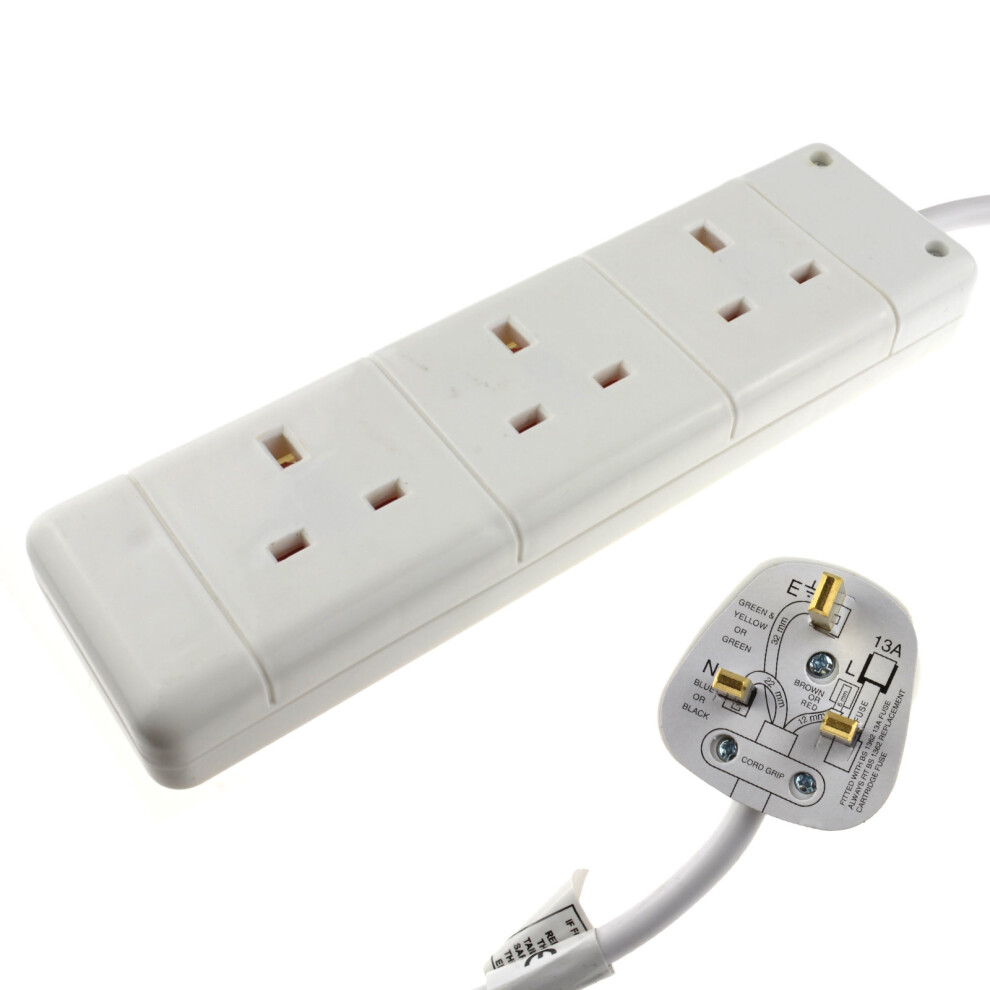 Kenable 3 Gang Way Uk 13A Trailing Socket Mains Power Extension Lead 2M White